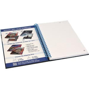 A side-bound A5 notebook featuring a blue spiral binding and blank white pages, with a promotional insert.