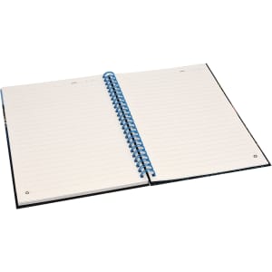 A spiral-bound A5 notebook with a blue coil and blank white pages. It has a black cover and includes a logo.