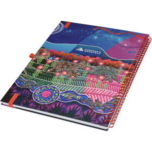 A vibrant A4 side-bound notebook with a colourful, artistic cover design and a logo. It features a red spiral binding.
