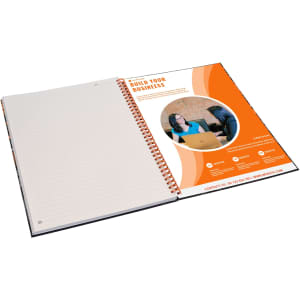A side-bound A4 notebook with orange and white graphics, featuring blank pages and a branding logo.