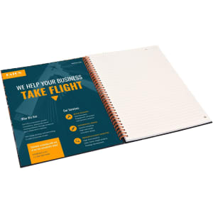 A A4 side-bound notebook with spiral binding, featuring blank pages and a colourful design on the front cover.