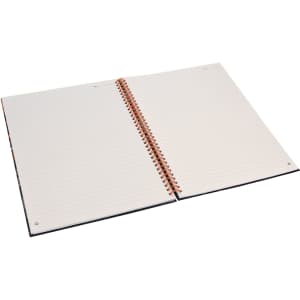 A side-bound A4 notebook with lined pages and a spiral binding, featuring a black cover.