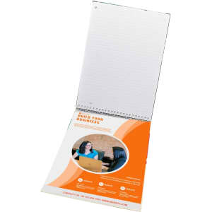 A top-bound A4 notebook with blank pages, featuring an orange and white design and a logo on the cover.