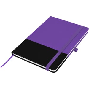 A purple and black A5 notebook with an elastic band closure and a ribbon bookmark, featuring a logo.