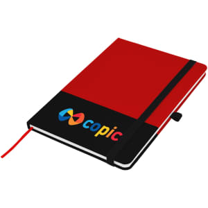 A red and black A5 notebook featuring a logo, with an elastic band closure and a ribbon marker.