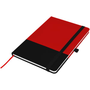 A red and black A5 notebook with a black strap and ribbon bookmark, featuring a logo on the cover.