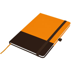 An orange and brown A5 notebook with a ribbon bookmark and an elastic band closure. Features a logo on the cover.