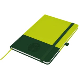A vibrant green and lime A5 notebook featuring an elastic band and a logo on the cover.