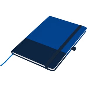 A navy and blue A5 notebook with an elastic band closure and a ribbon bookmark. It features a logo on the cover.