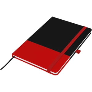 A black and red A5 notebook featuring a contrasting design and an elastic closure. It has a ribbon marker and a logo.