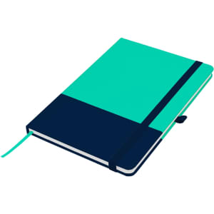 A A5 notebook featuring a turquoise and navy design, with an elastic band and a ribbon bookmark, and includes a logo.