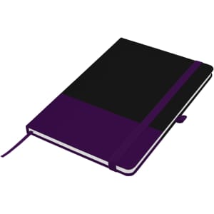 A purple and black A5 notebook with an elastic closure and a ribbon bookmark, featuring a logo on the cover.