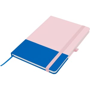 A pink and blue A5 notebook with a ribbon bookmark and an elastic closure. It features a branding logo.