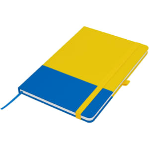 A blue and yellow A5 notebook with a ribbon bookmark and an elastic closure, featuring a logo on the cover.