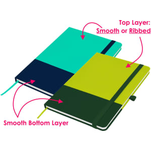 A A5 notebook featuring a two-tone design with smooth and ribbed textures in teal, navy, and green. It has a logo.