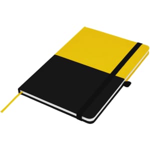 A notebook in black and yellow design, featuring an elastic band and a ribbon marker. Includes a logo on the cover.