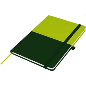A green and lime A5 notebook with an elastic strap and a ribbon bookmark, featuring a simple design.