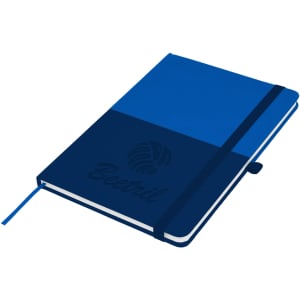 A blue A5 notebook featuring a two-tone design and an elastic closure, with a logo on the cover.