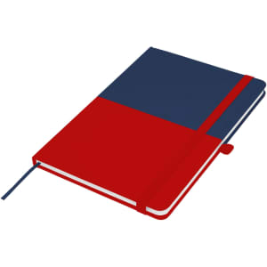 A A5 notebook featuring a red and navy blue design, complete with an elastic closure and a ribbon marker.