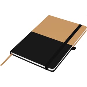 A A5 notebook featuring a black and tan colour scheme, secured with an elastic band and including a bookmark ribbon.