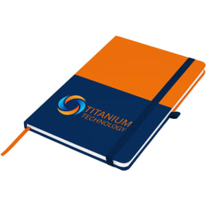 A notebook with an orange and navy blue cover, featuring a logo and an elastic band closure.