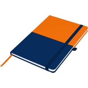 A navy blue and orange A5 notebook with a ribbon bookmark and an elastic closure, featuring a logo on the cover.
