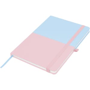 A pink and blue A5 notebook with an elastic band closure and a ribbon bookmark. It features a logo on the cover.