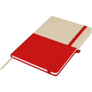 A A5 notebook featuring a red and cream cover, with a ribbon bookmark and an elastic band closure.