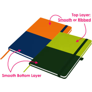 A notebook featuring a smooth or ribbed top layer and a smooth bottom layer, available in orange, navy, green, and black.