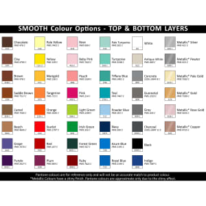 A colour chart displaying various options for the Designa Symphony A5 Notebook, featuring smooth and metallic shades.