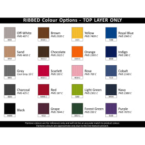 A colour chart displaying ribbed options for a product, featuring various shades like Off-White, Brown, Royal Blue, and more.