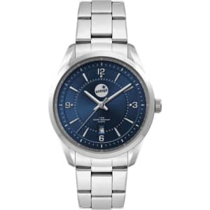 A stainless steel strap watch with a blue dial featuring silver hour markers and a date display.