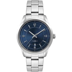 A stainless steel strap watch with a blue dial, featuring silver hour markers and a date display.