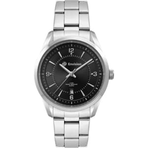 A stainless steel strap watch featuring a black dial, silver hour markers, and branding on the dial.