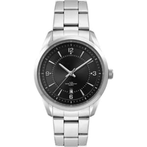 A stainless steel casual dress watch with a black dial and silver strap, featuring a logo on the face.
