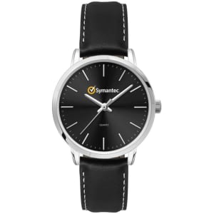 A ladies' dress watch featuring a black face and a black leather strap, with a silver case and a logo.
