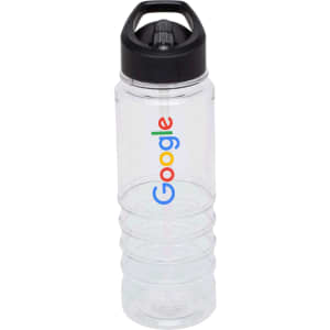 A clear drink bottle with a black lid and a logo. Features a textured grip design.