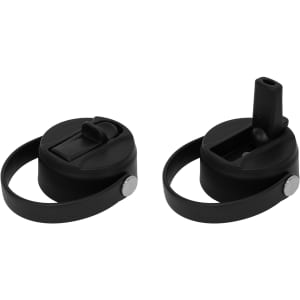 A drink bottle lid set, featuring two black lids with spouts and carrying handles. Suitable for drinkware.