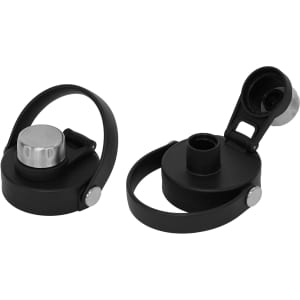 A drink bottle cap with a silver top and a black rubber handle, featuring a pull-open spout and an attached lid.