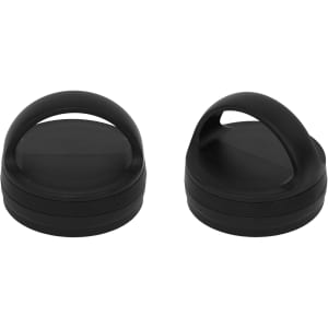 Two black vacuum lids for bottles, featuring a handle design, stacked on top of each other.