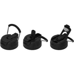 A drink bottle lid with three different black caps featuring various drinking spouts and handles.