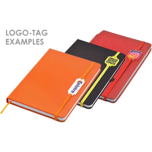 Three A5 notebooks in orange, black, and red, each featuring a logo tag and an elastic band closure.