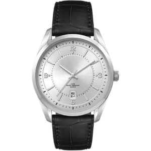 A men's casual dress watch featuring a silver dial and black leather strap, with a logo on the face.