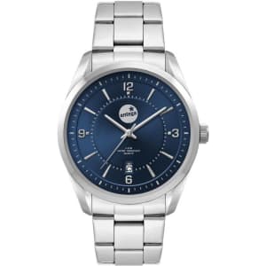 A stainless steel watch with a blue dial and silver strap, featuring hour markers and a date display.