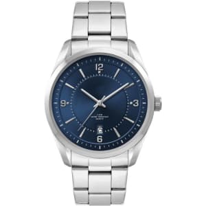 A stainless steel strap watch with a blue dial, featuring numeric hour markers and a date display.