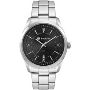 A men's casual dress watch featuring a stainless steel strap and a black dial with silver accents.