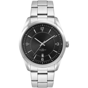 A men's casual dress watch featuring a stainless steel strap and a black dial with large numerals and a logo.
