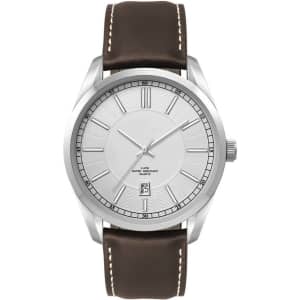 A men's casual dress watch featuring a silver face, brown leather strap, and a stainless steel case.