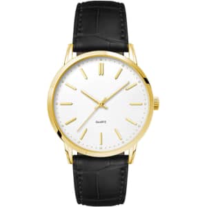 A men's dress watch featuring a gold-tone case, white dial, and black leather strap with a logo.
