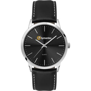 A men's dress watch with a black leather strap and a silver case featuring a black dial and branding.